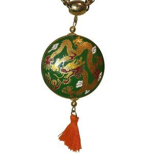 Cloisonné Dragon Pendant Necklace Long 30 Vintage Gold Tone Chain Orange Tassel